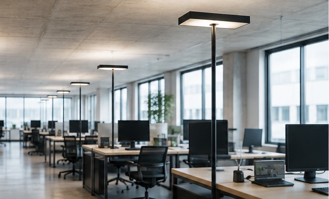 Modernes Büro mit mehreren montierten Stehleuchten von Schütze Leuchtenmontage